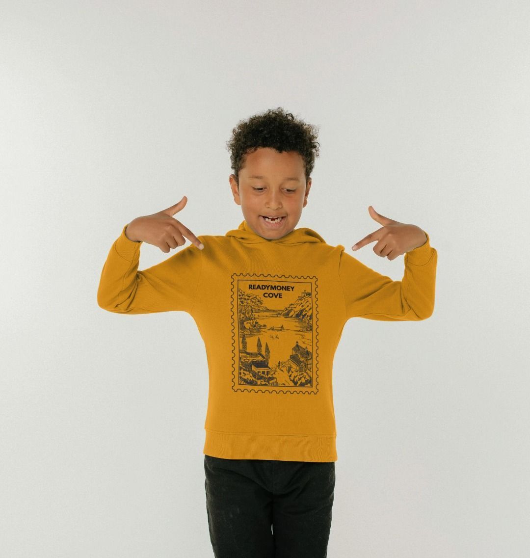 mustard kids hoodie – Readymoney Cove stamp pullover, soft coastal sweatshirt for curious kids and everyday comfort