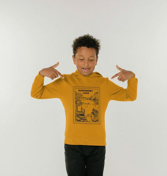 mustard kids hoodie – Readymoney Cove stamp pullover, soft coastal sweatshirt for curious kids and everyday comfort