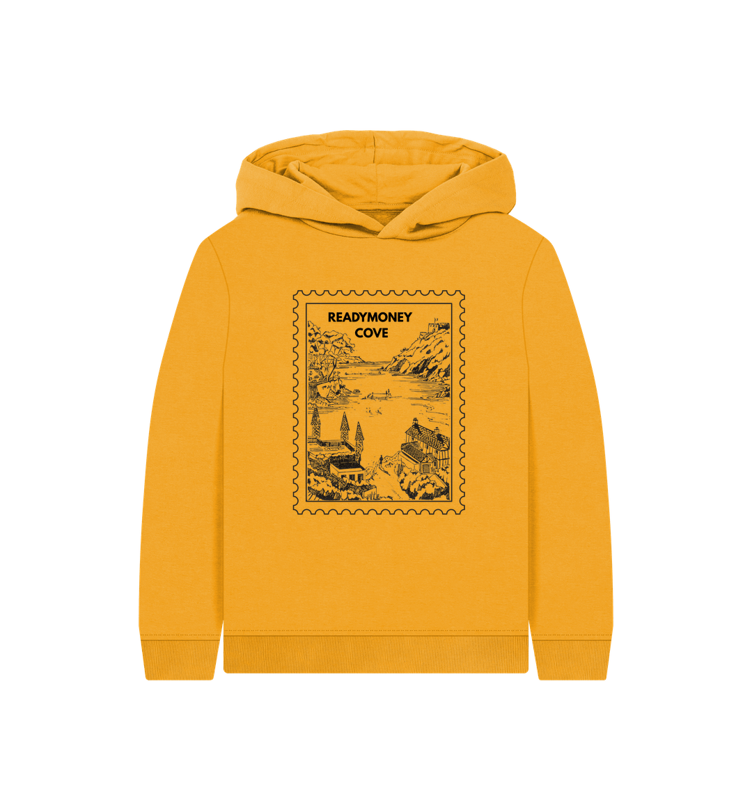 mustard kids hoodie – cozy pullover with Readymoney Cove stamp, soft coastal sweatshirt for play, travel, and chill days
