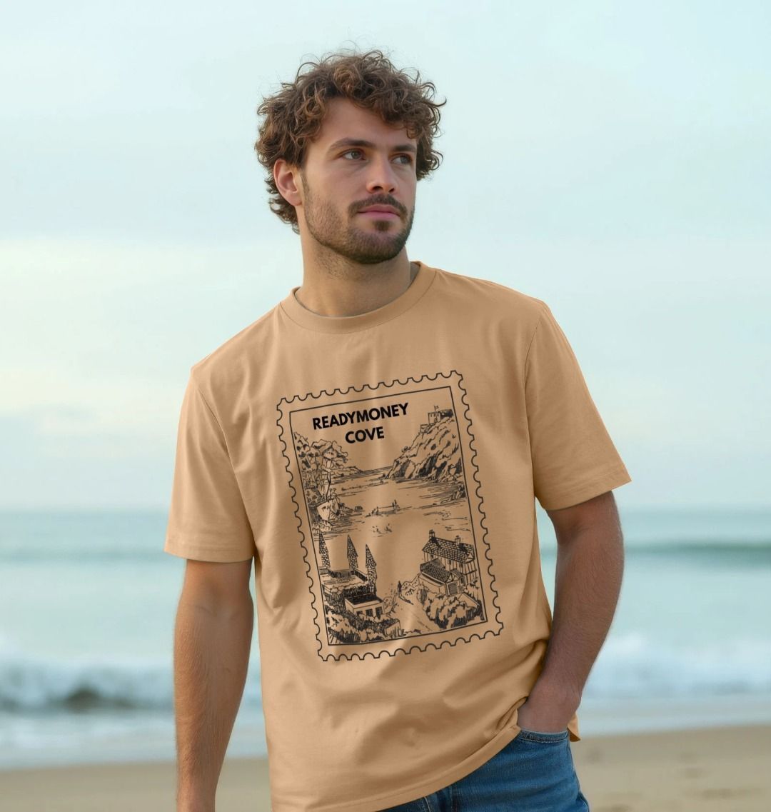 casual men's sand cotton T-shirt with a vintage 'Readymoney Cove' stamp graphic print coastal fashion, graphic tee