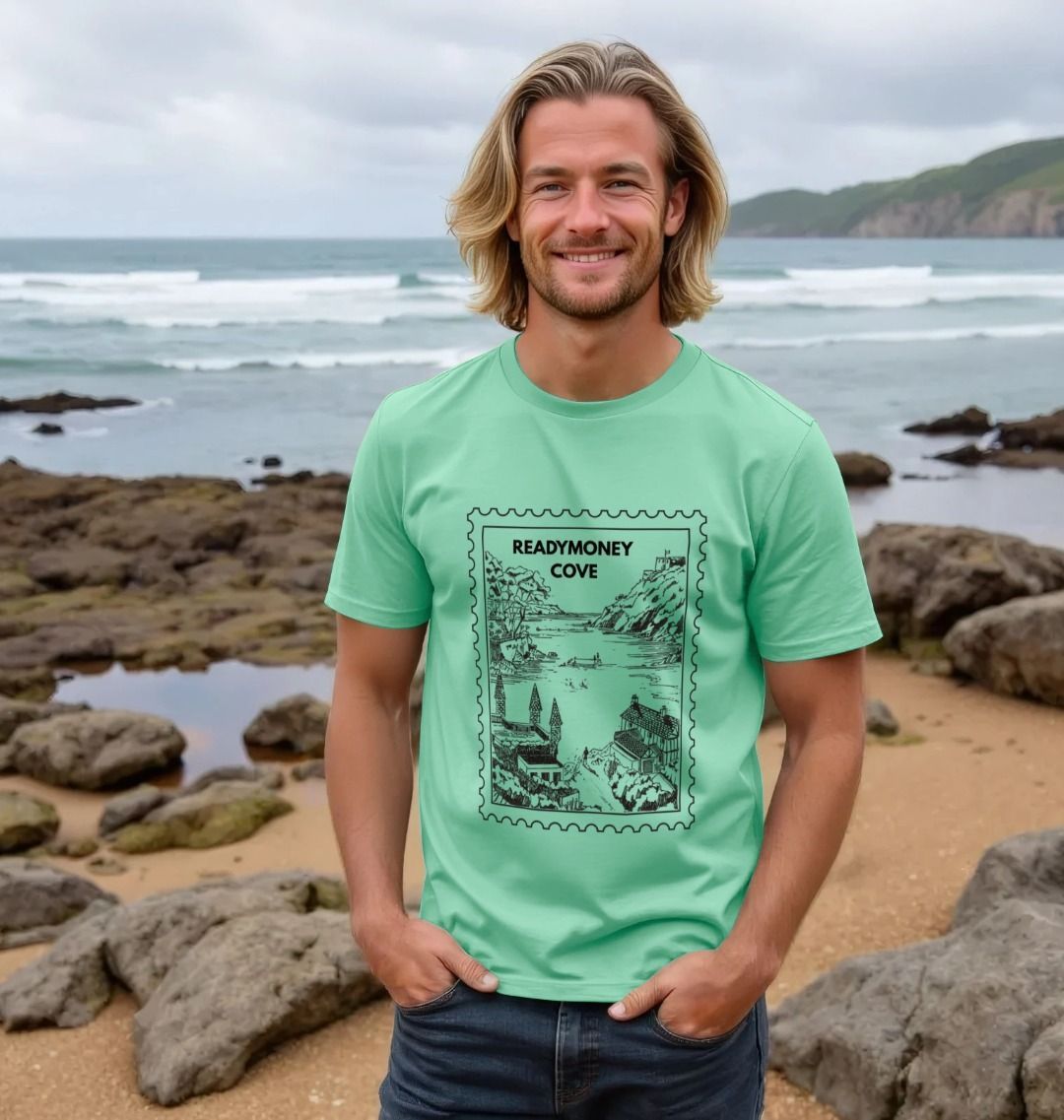 peppermint men's t-shirt with a vintage 'Readymoney Cove' stamp graphic print beach lifestyle, summer graphic tee
