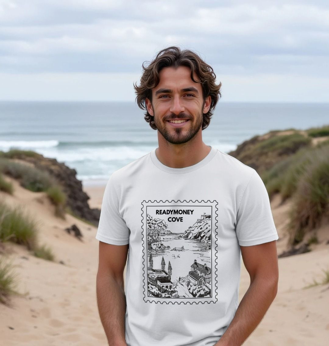 white men's cotton T-shirt featuring a black 'Readymoney Cove' stamp graphic print beachwear, minimalist coastal tee