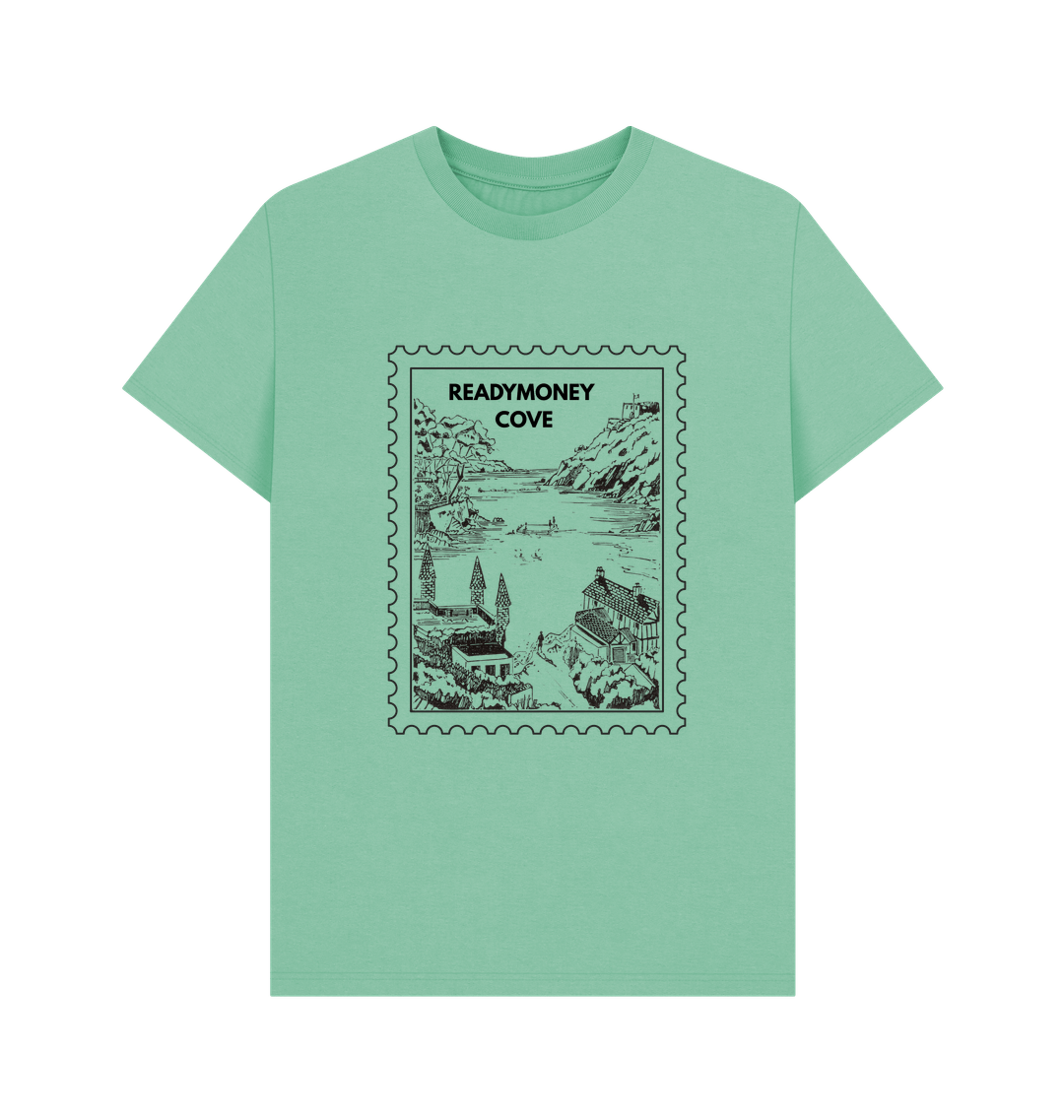 peppermint green men's T-shirt with a black 'Readymoney Cove' stamp graphic summer coastal fashion tee