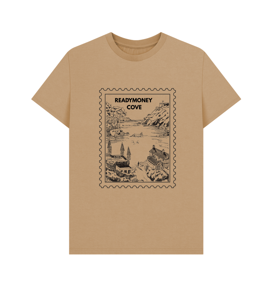 men's isolated sand T-shirt featuring a 'Readymoney Cove' stamp graphic coastal illustration, earth-tone beach cotton tee