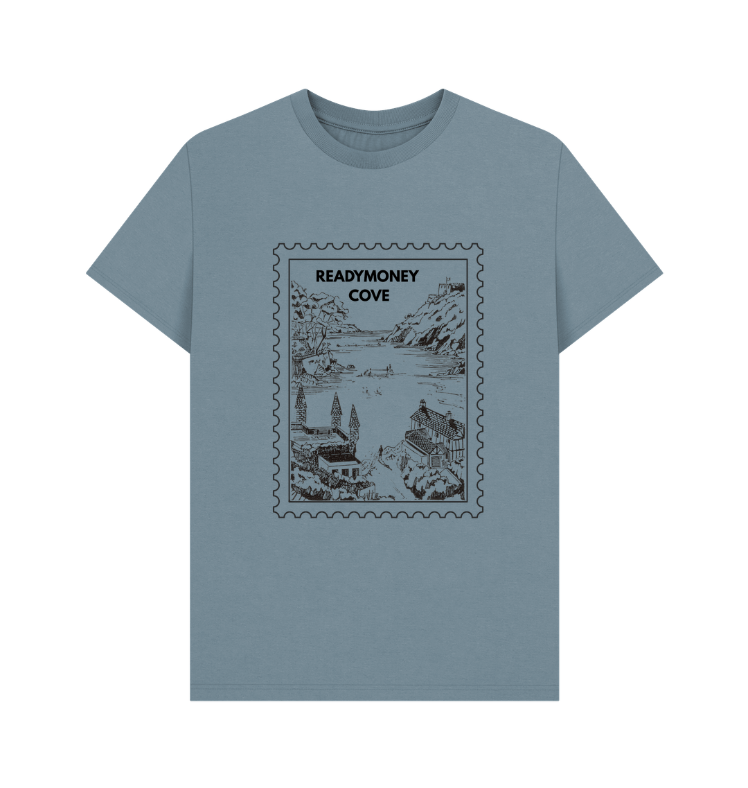 stone blue men's t-shirt featuring a 'Readymoney Cove' stamp graphic print coastal apparel, unique graphic tee