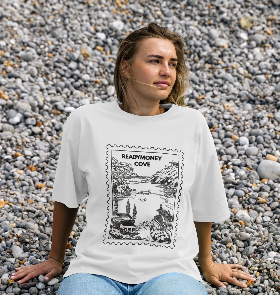 white oversized women’s tee with Readymoney Cove stamp graphic—soft cotton, coastal print, perfect for beach days and travel