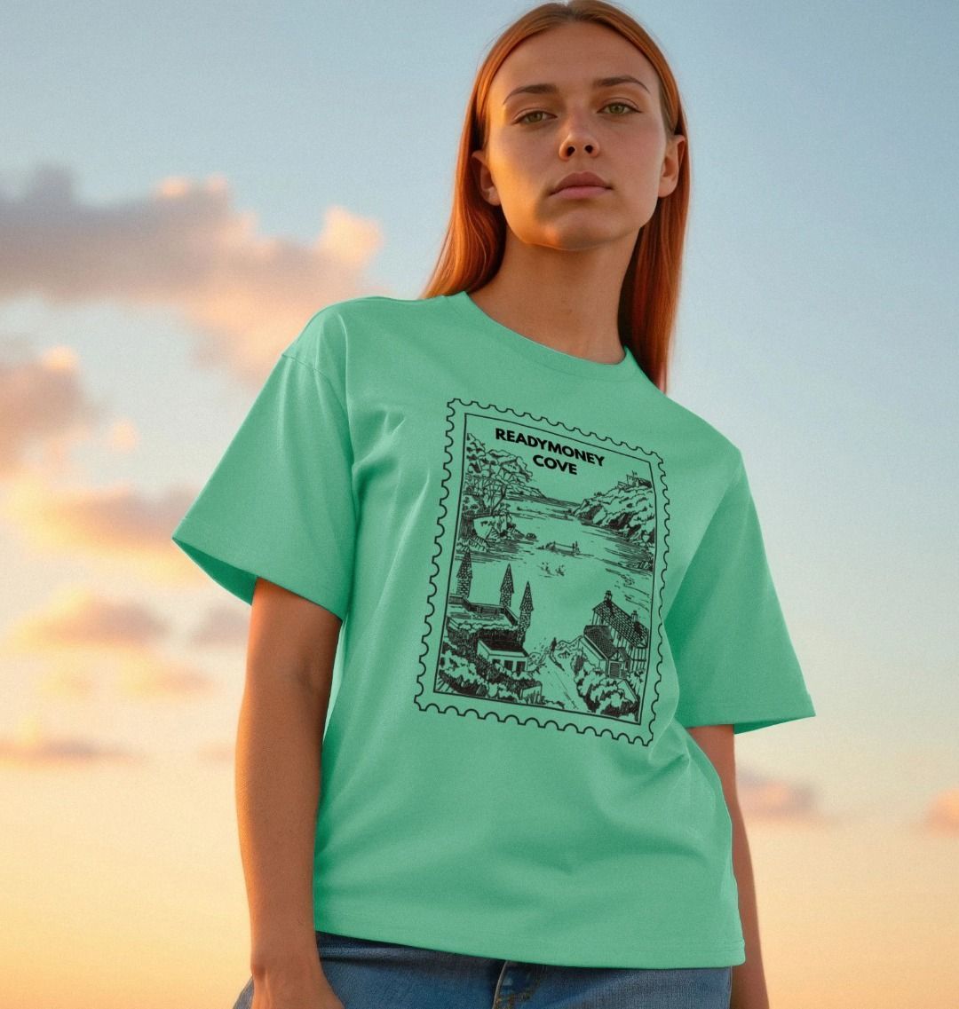 peppermint oversized women’s tee with Readymoney Cove stamp print—soft cotton, scenic coastal design, perfect for travel days