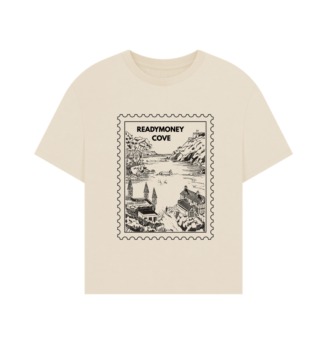 oat-colored oversized women’s tee with Readymoney Cove stamp—soft cotton, vintage coastal print, ideal for travel and layering