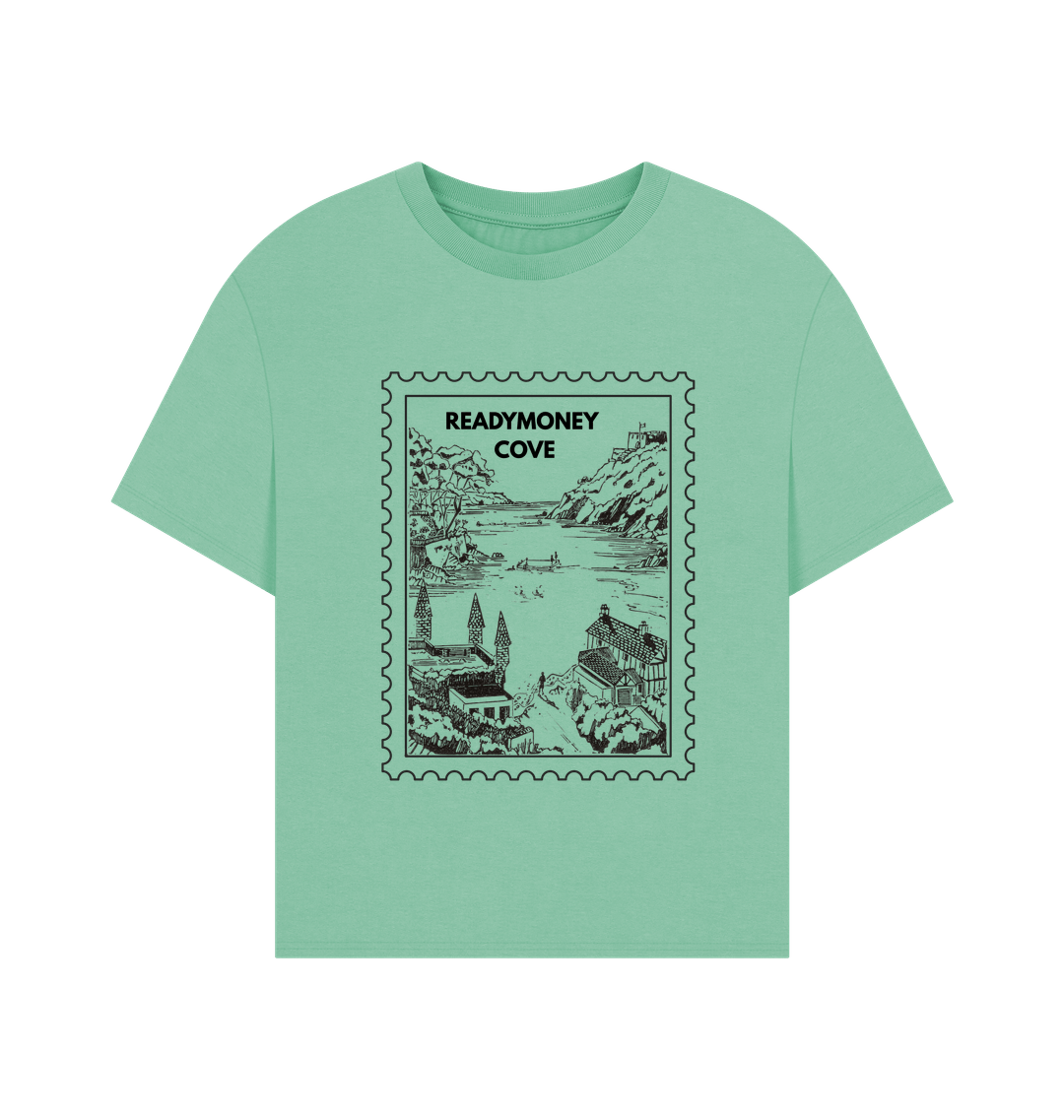 peppermint oversized tee with Readymoney Cove stamp print—coastal charm meets vintage travel style