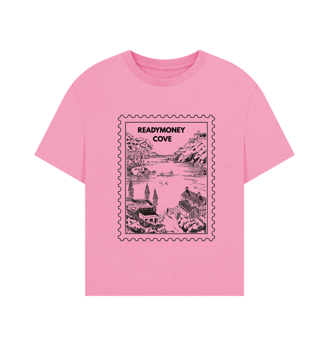 rose pink oversized tee with Readymoney Cove stamp—vintage coastal print on soft, relaxed-fit cotton