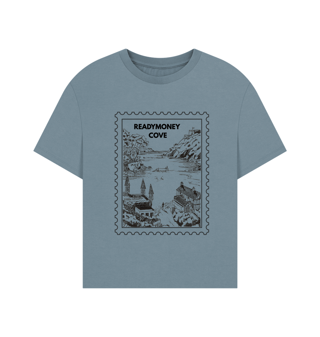 stone blue oversized women’s tee with Readymoney Cove stamp—soft cotton, coastal charm, perfect for laid-back travel style