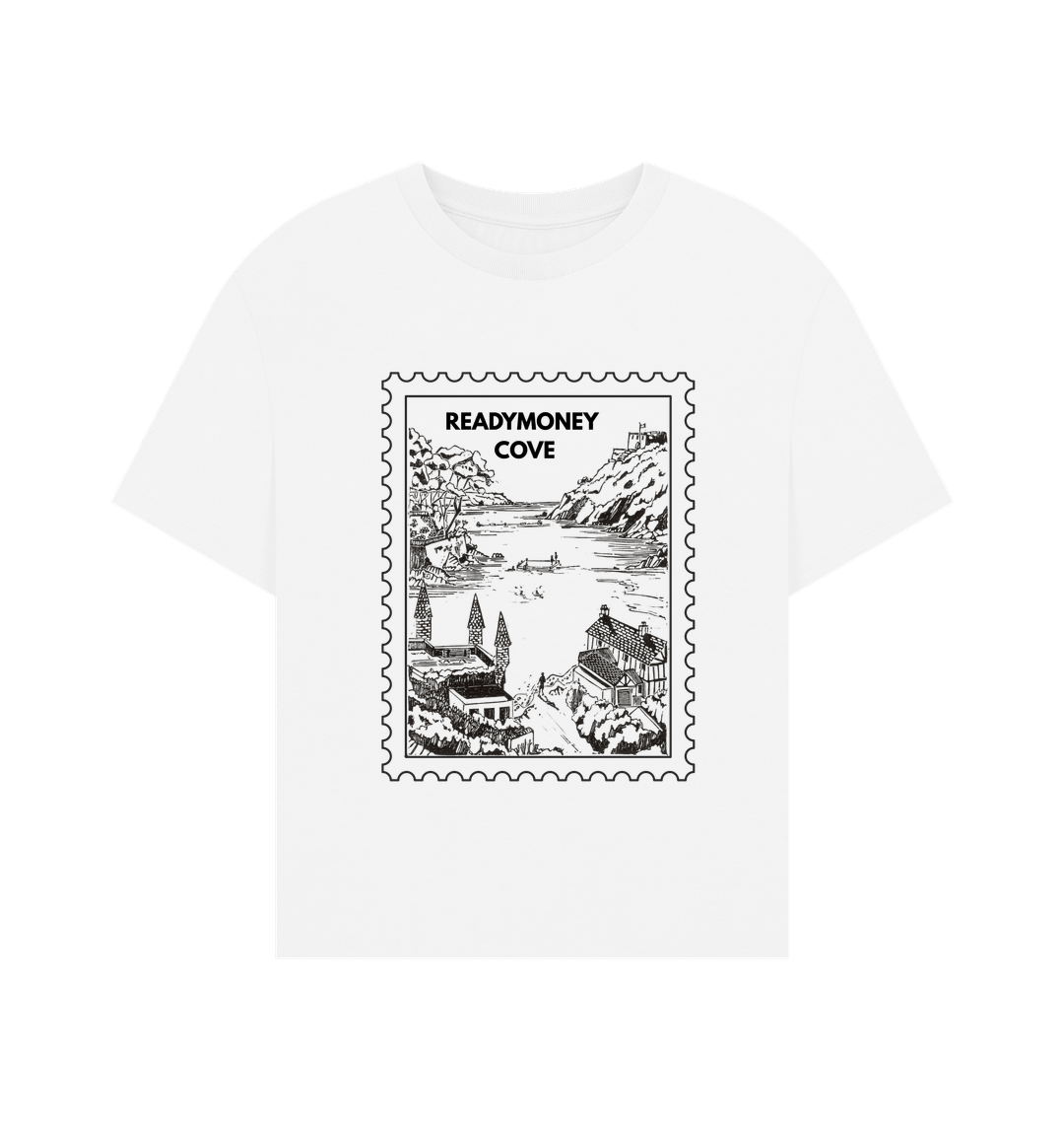 white oversized women’s tee with Readymoney Cove stamp—lightweight cotton, coastal-inspired graphic, perfect for travel layering