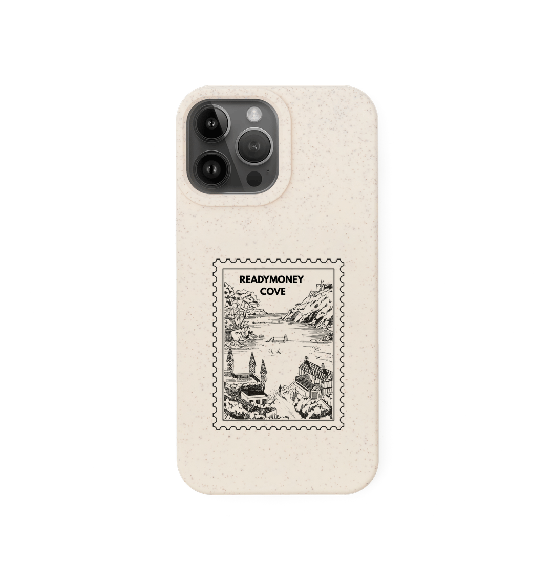 speckled iPhone case – Readymoney Cove stamp design, coastal-inspired cover with vintage travel illustration