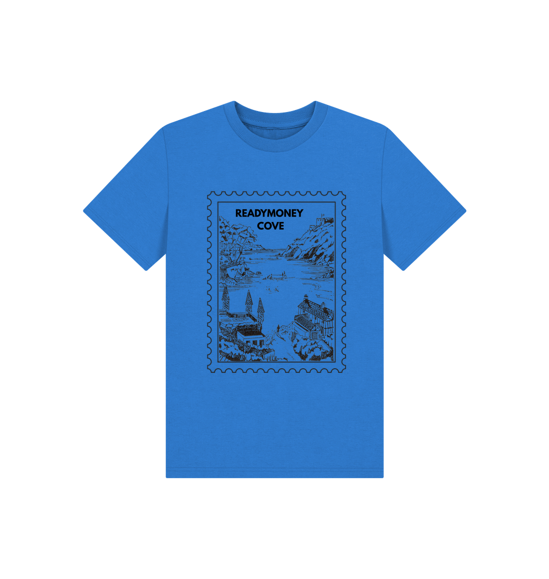 bright blue kids tee with Readymoney Cove stamp print—soft cotton, scenic coastal design, perfect for travel and outdoor fun