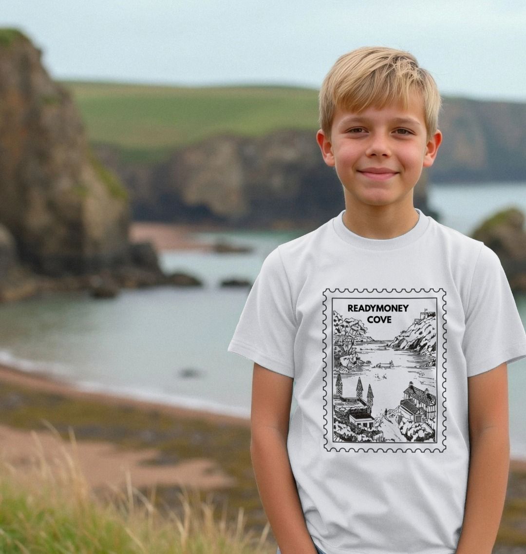 coastal kids tee with vintage stamp print—Readymoney Cove graphic, soft cotton, perfect for seaside adventures