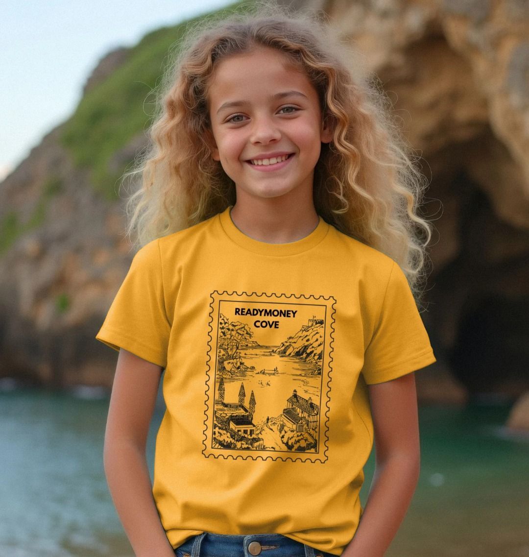mustard kids tee with Readymoney Cove stamp graphic—soft cotton, coastal-inspired, perfect for summer adventures