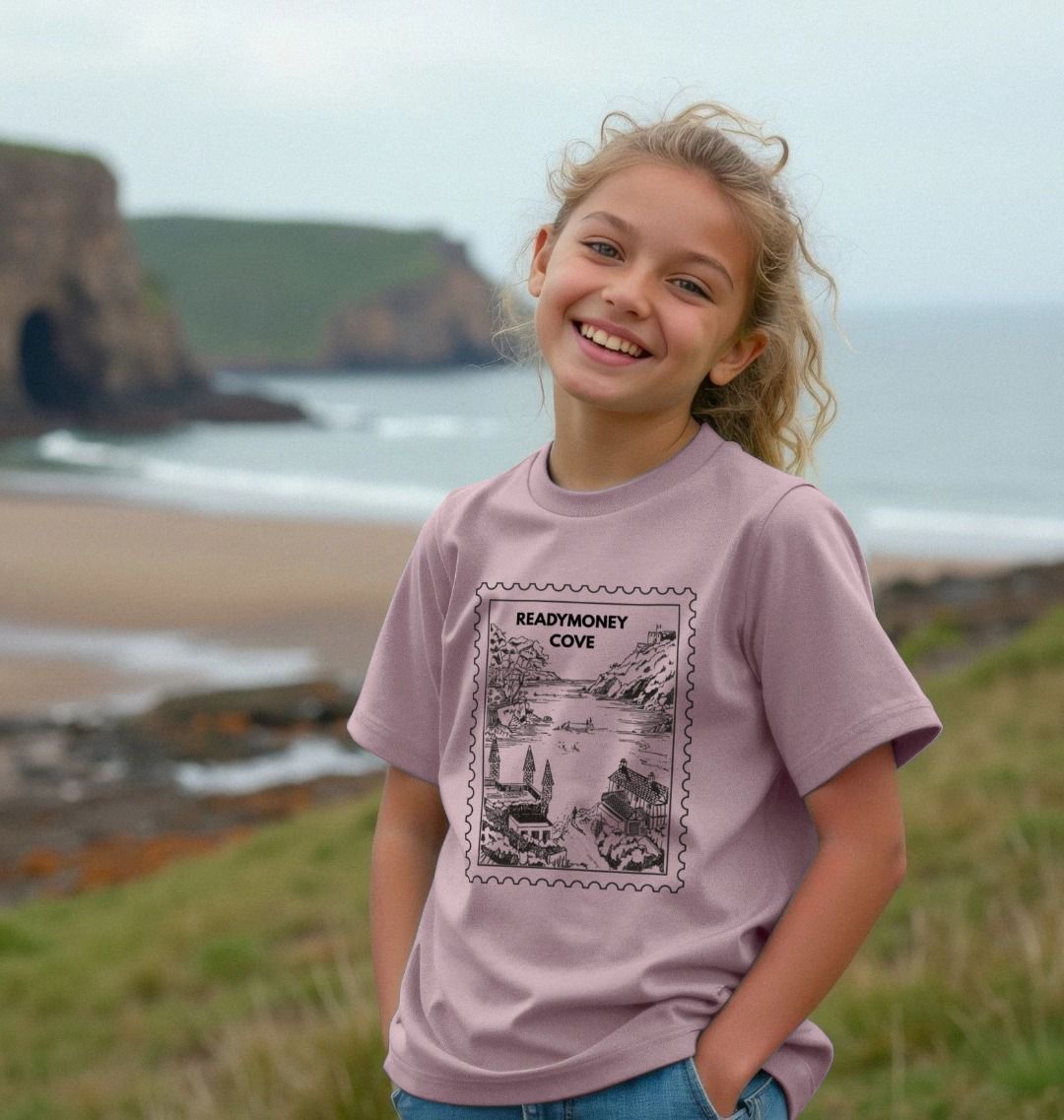 kids mauve tee with Readymoney Cove stamp design—soft cotton, coastal charm, perfect for sunny beach days and travel snaps