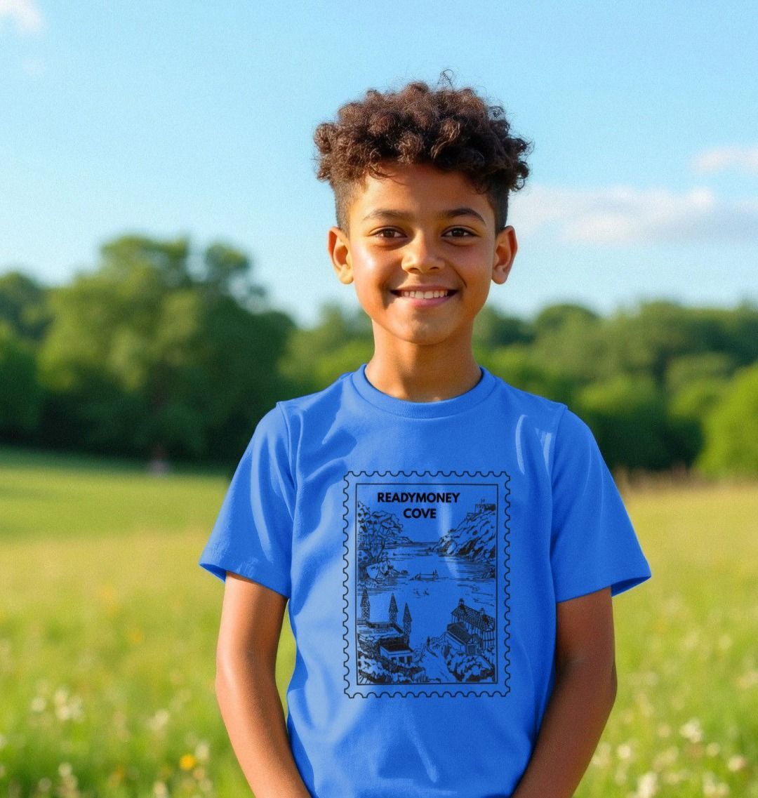bright blue kids tee with Readymoney Cove stamp print—soft cotton, coastal vibes, perfect for outdoor play and travel days