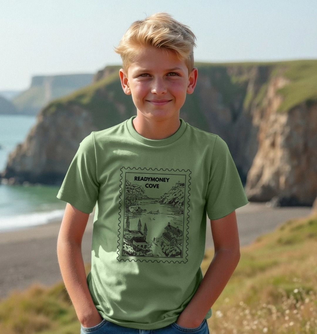 kids coastal tee—Readymoney Cove stamp print on soft green cotton, comfy, adventure-ready and Cornwall-inspired