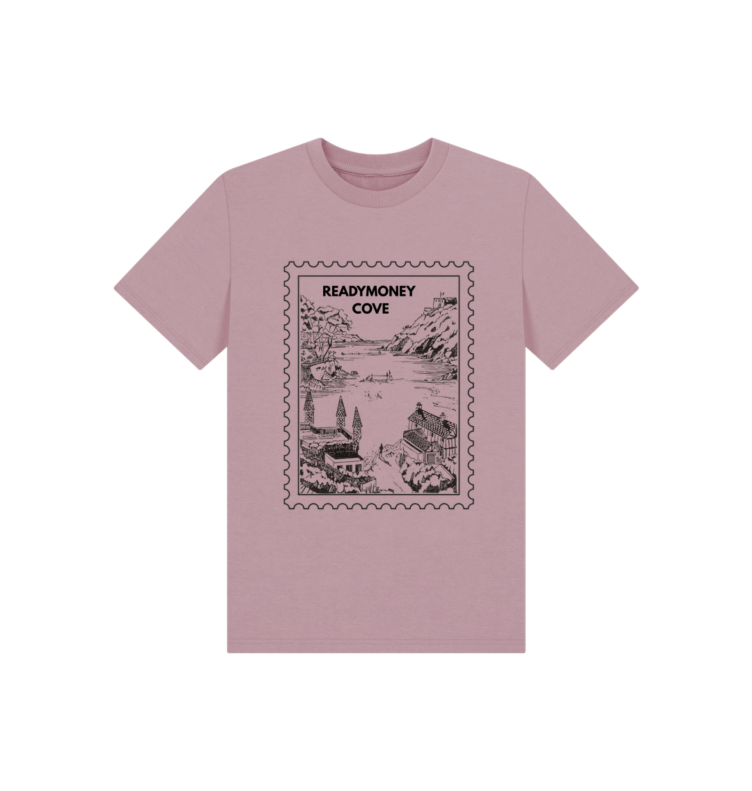 mauve kids tee with Readymoney Cove stamp design—soft cotton, coastal village print, perfect for play, travel, and gifting