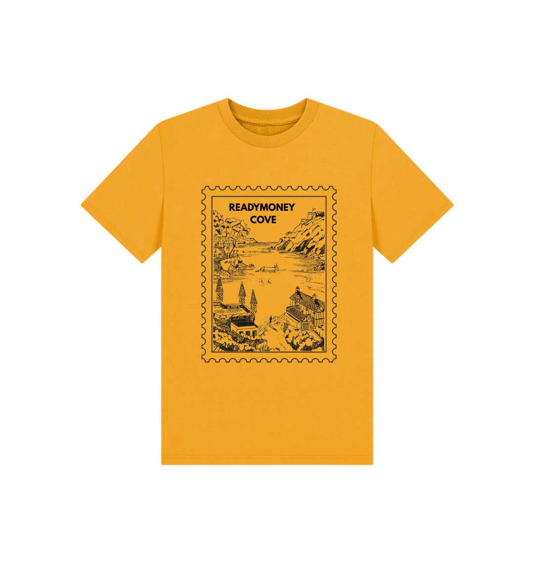 mustard yellow kids tee with Readymoney Cove stamp graphic—soft cotton, vintage coastal print, ideal for sunny adventures