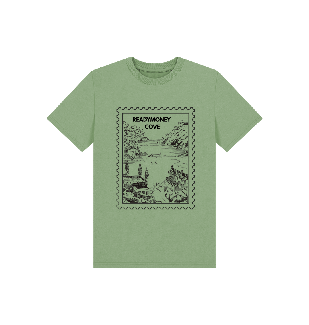 sage green kids tee with Readymoney Cove stamp print—soft cotton, coastal scene, ideal for travel, play, and sunny days