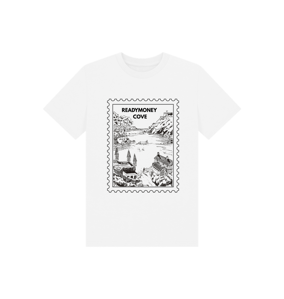 white kids tee with Readymoney Cove stamp graphic—soft cotton, vintage coastal print, perfect for travel and everyday wear