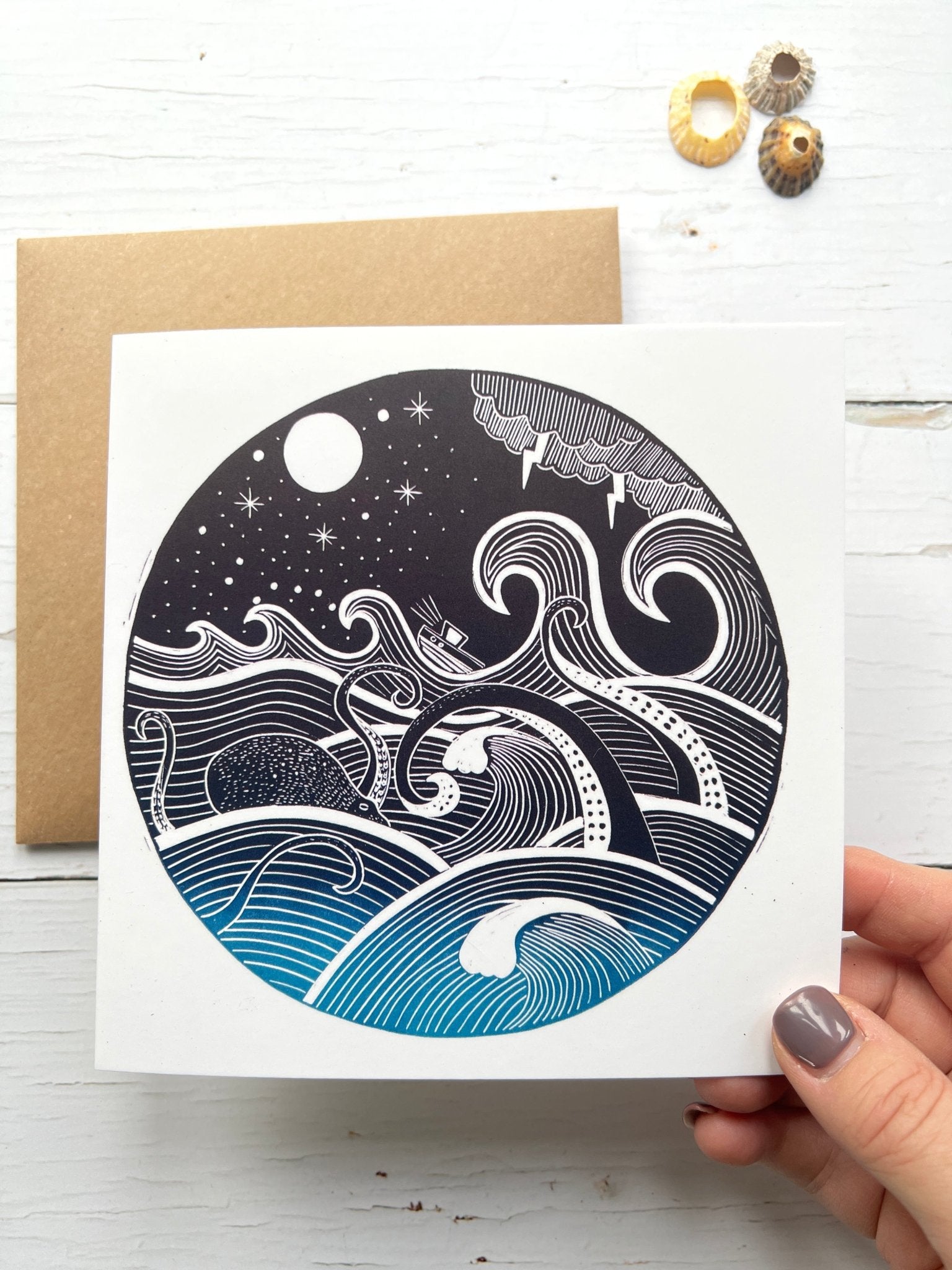 stormy seas greetings card with moonlit ocean wildlife art—whimsical coastal design for nature lovers