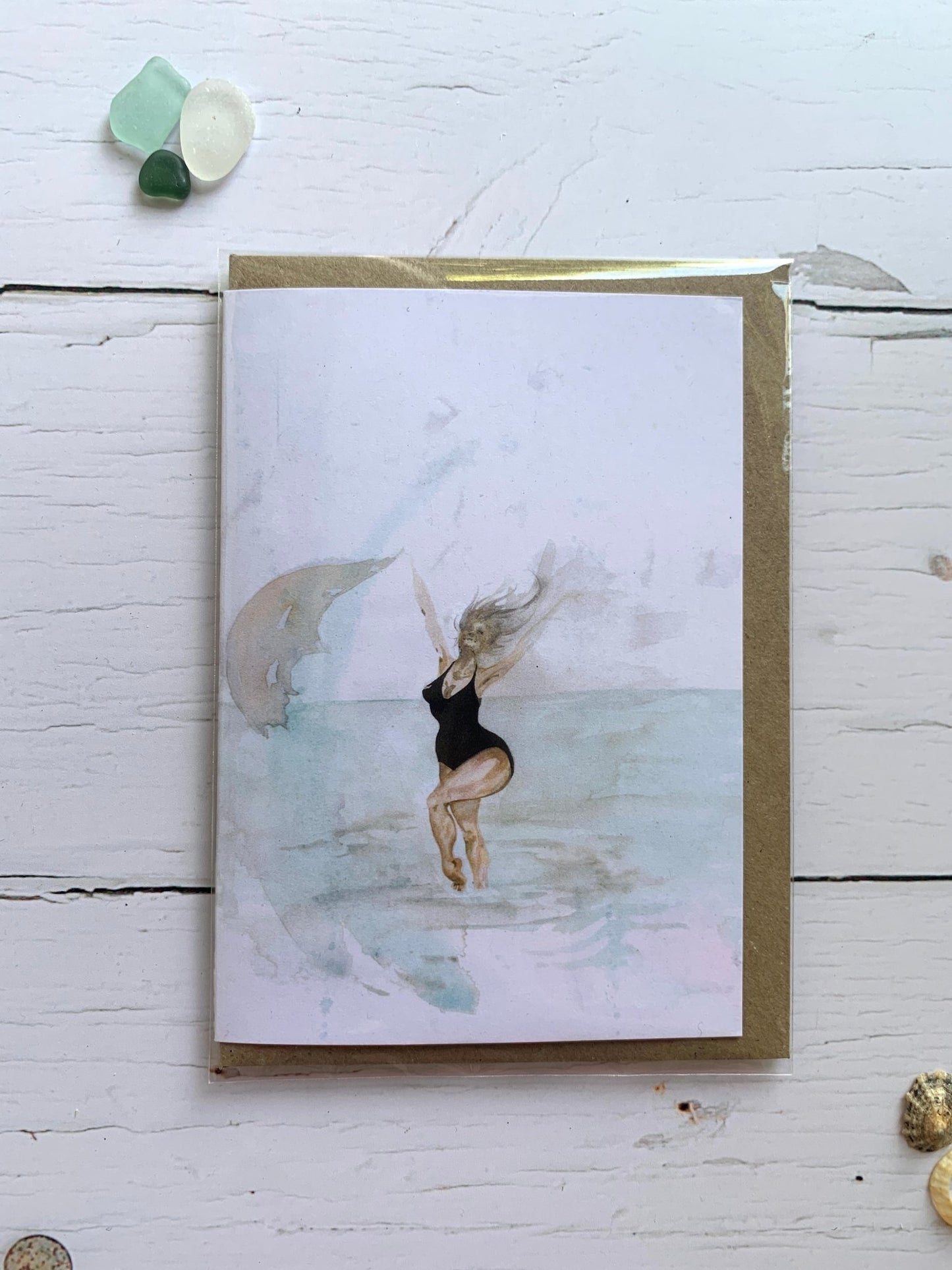 free spirit wild swimmer watercolor card—joyful coastal art for beach lovers and summer-inspired gifting