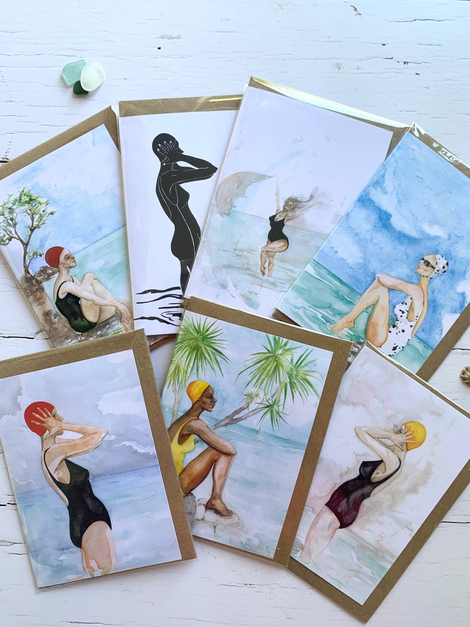 set of summer wild swimmers watercolor cards—coastal-themed art for beach lovers and ocean-inspired gifting