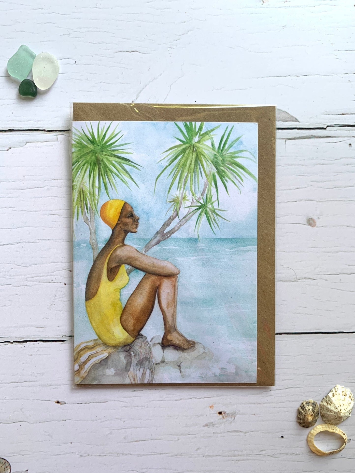 wild swimmer watercolor card with yellow outfit—tropical coastal art for ocean lovers and summer gifting