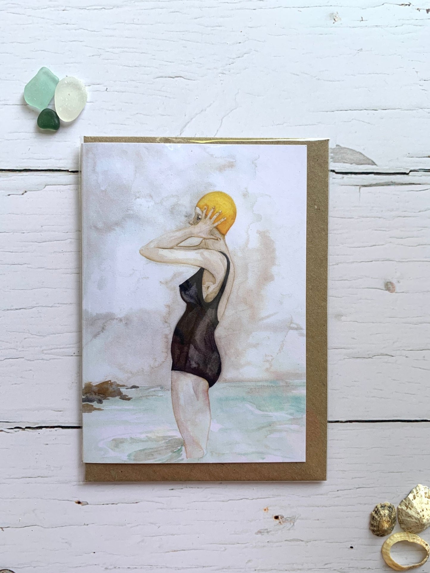 wild swimmer watercolor card with yellow swim cap—elegant coastal art for ocean-inspired gifting and decor