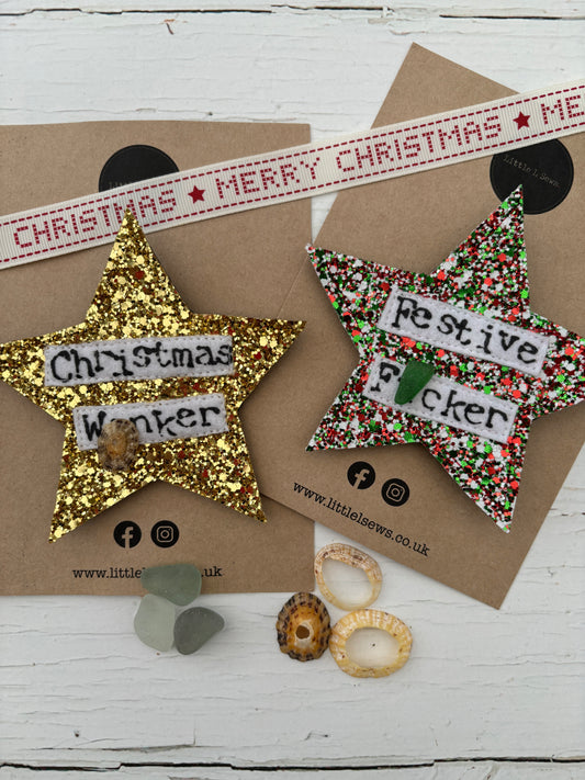 bold glitter star Christmas badges with cheeky sweary slogans—funny festive decor for adults with attitude