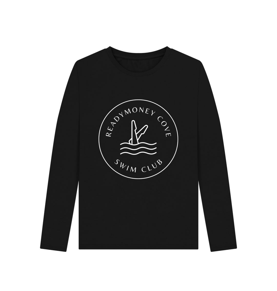 black Readymoney Cove Swim Club long-sleeve—minimalist wave and diver print, perfect for coastal style and wild swimmers