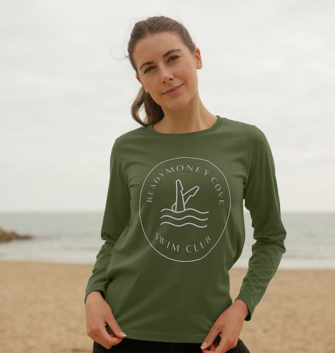 Readymoney Cove Swim Club women's khaki long sleeve tee coastal graphic cotton beach casual activewear comfort fit
