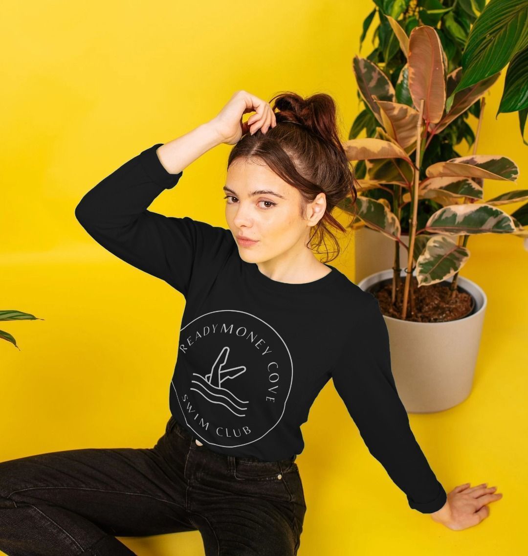 Readymoney Cove Swim Club black long sleeve women's tee crew neck graphic print cotton casual comfortable everyday wear