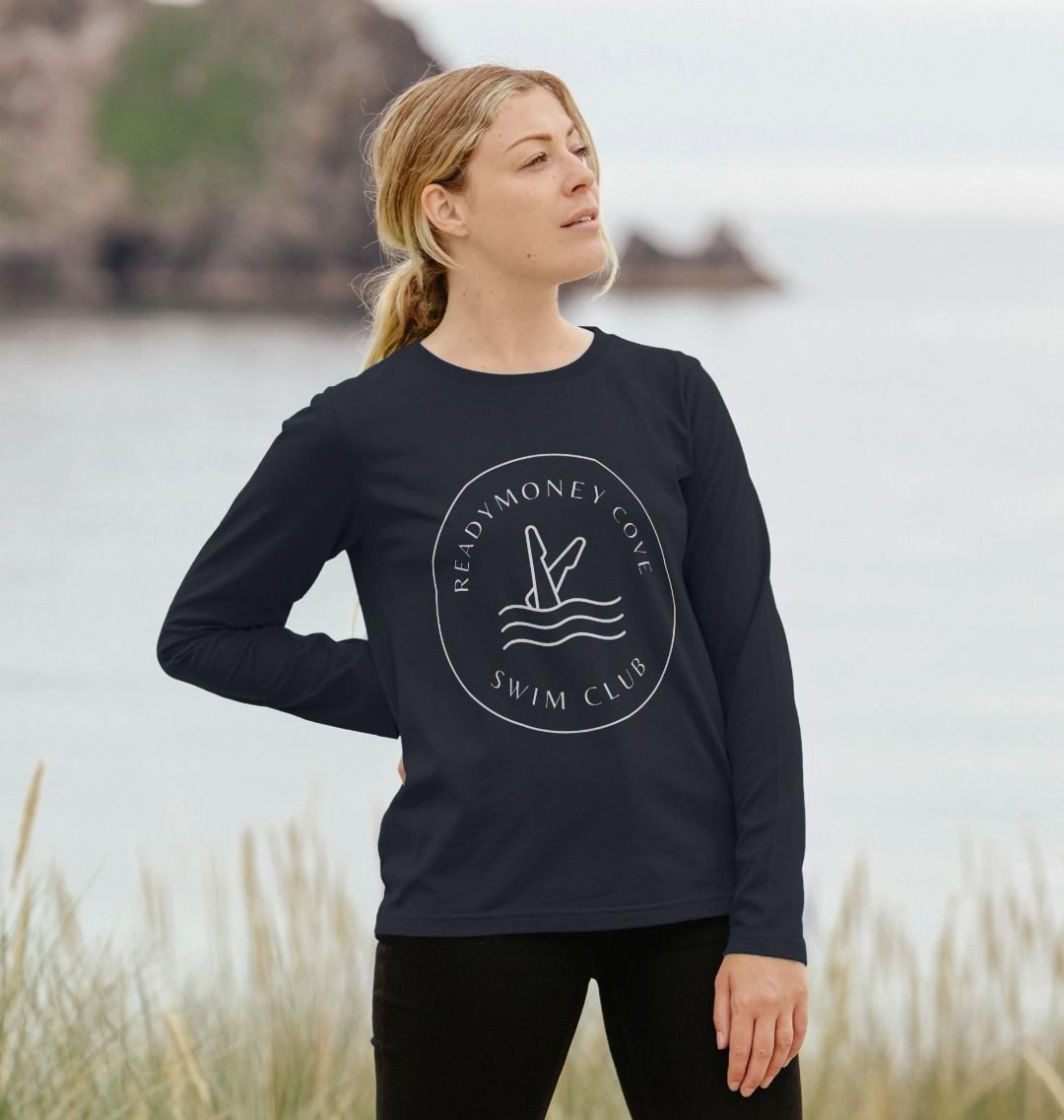 Readymoney Cove Swim Club women's navy blue long sleeve tee outdoor lifestyle coastal swimming graphic print comfortable fit