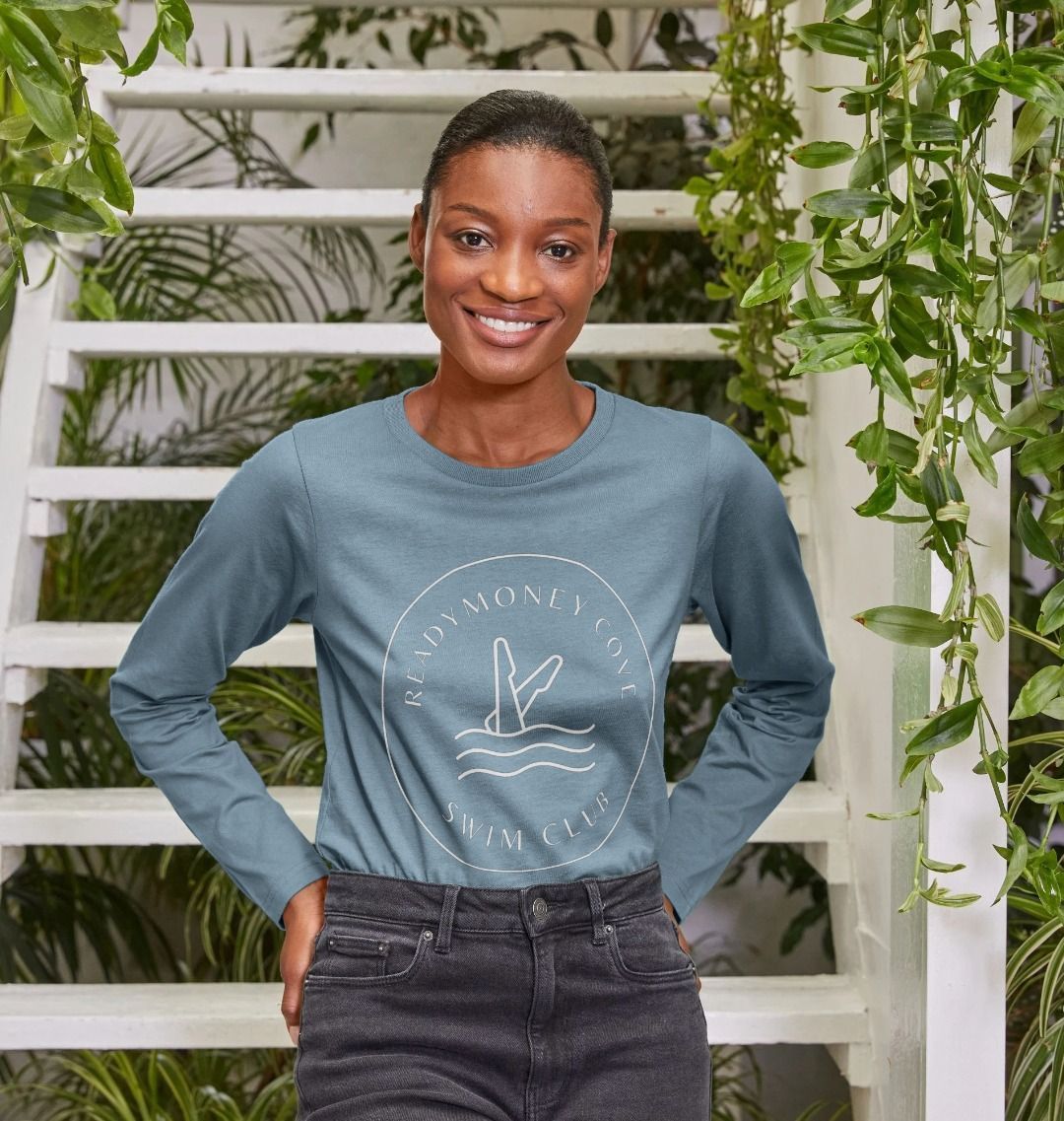 Readymoney Cove Swim Club women's long sleeve t-shirt stone blue crew neck cotton casual coastal swimming graphic print top