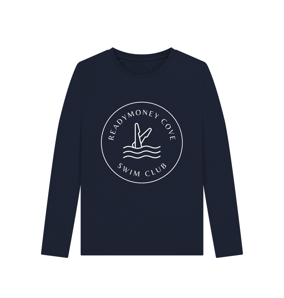 women’s navy blue long sleeve t-shirt, Readymoney Cove Swim Club print, soft cotton coastal swim club top