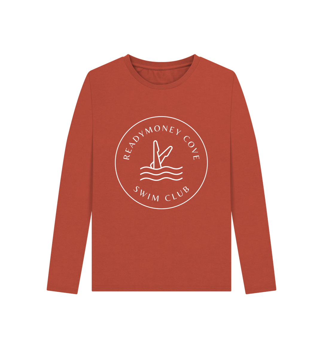 rust Readymoney Cove Swim Club long-sleeve—diver and wave print, perfect for wild swimmers and coastal adventures