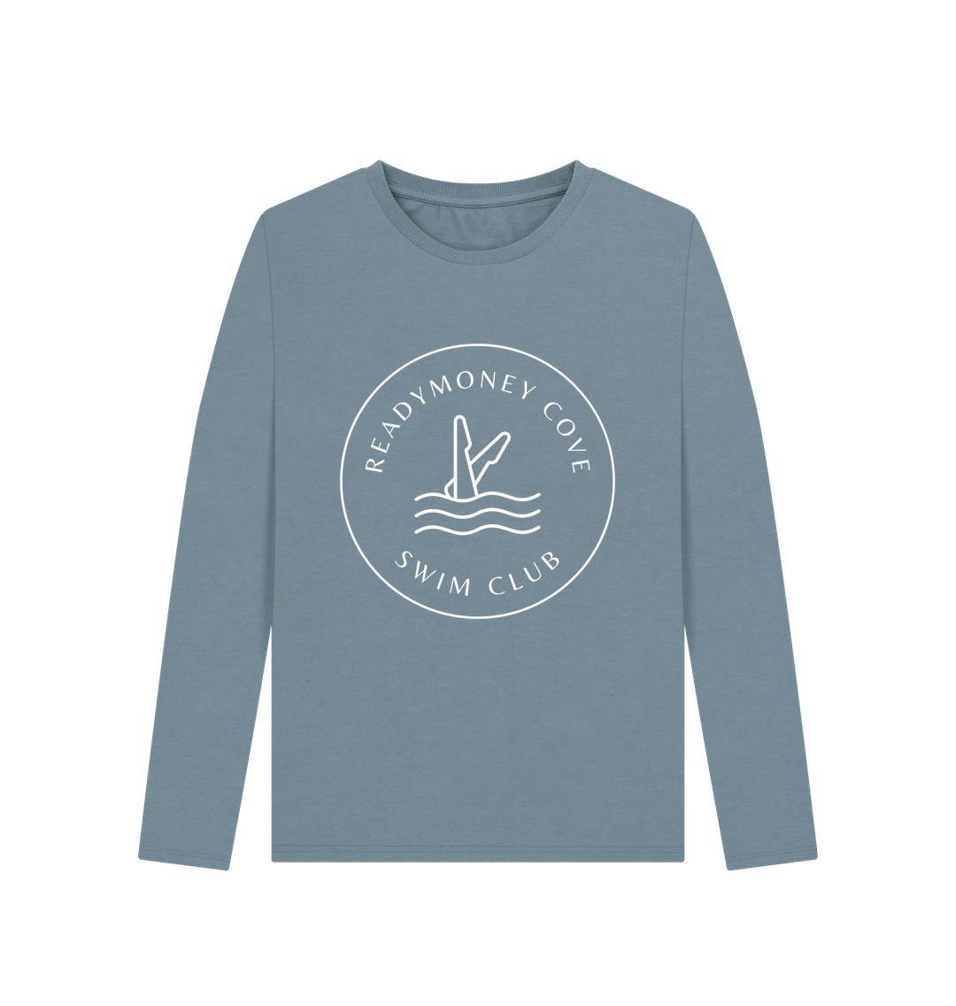 stone blue Swim Club long-sleeve—Readymoney Cove diver and wave print, perfect for wild swimming and coastal style
