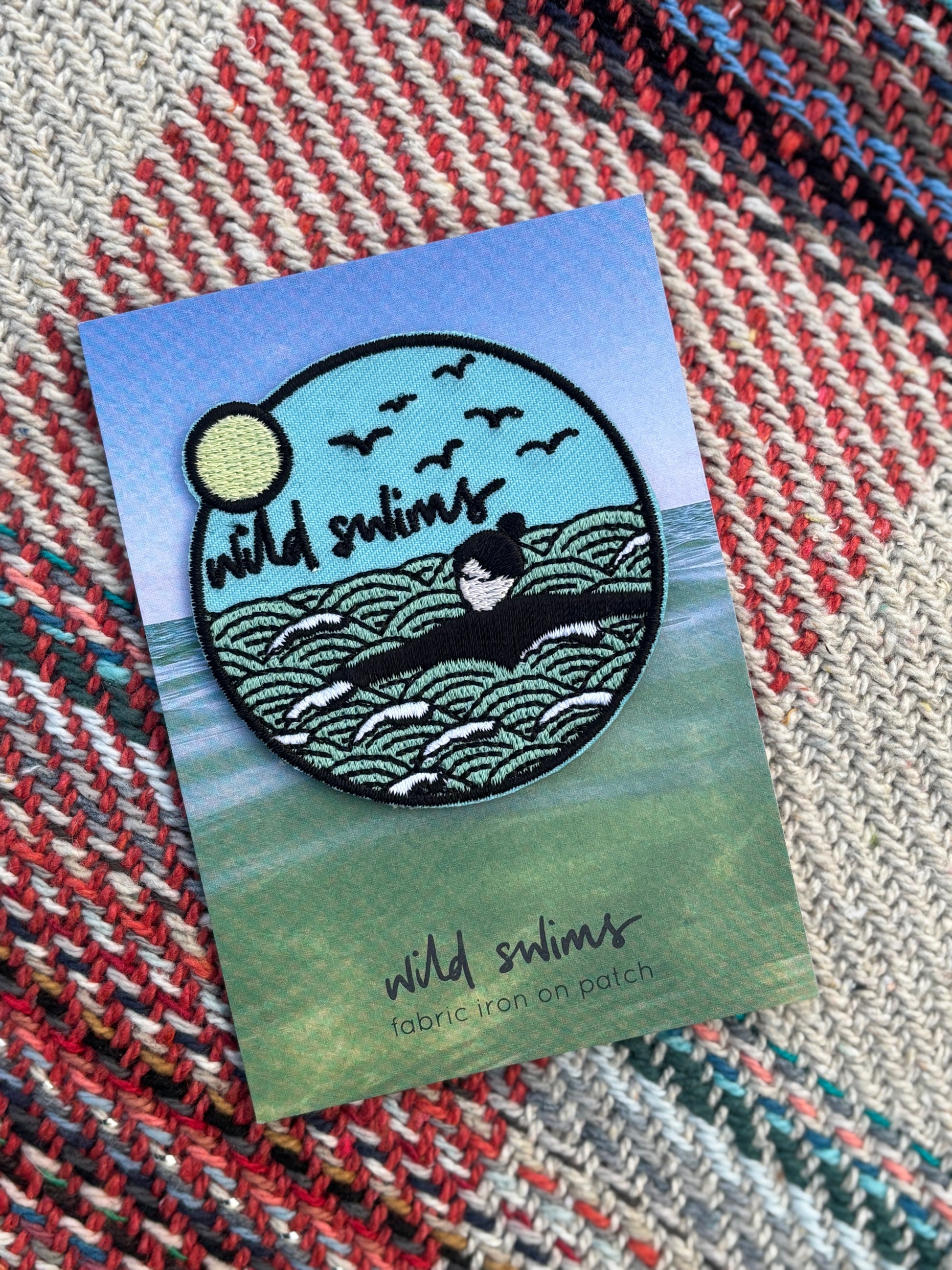 wild swims iron-on patch—coastal-themed fabric badge for swim lovers and nature-inspired Christmas gifting