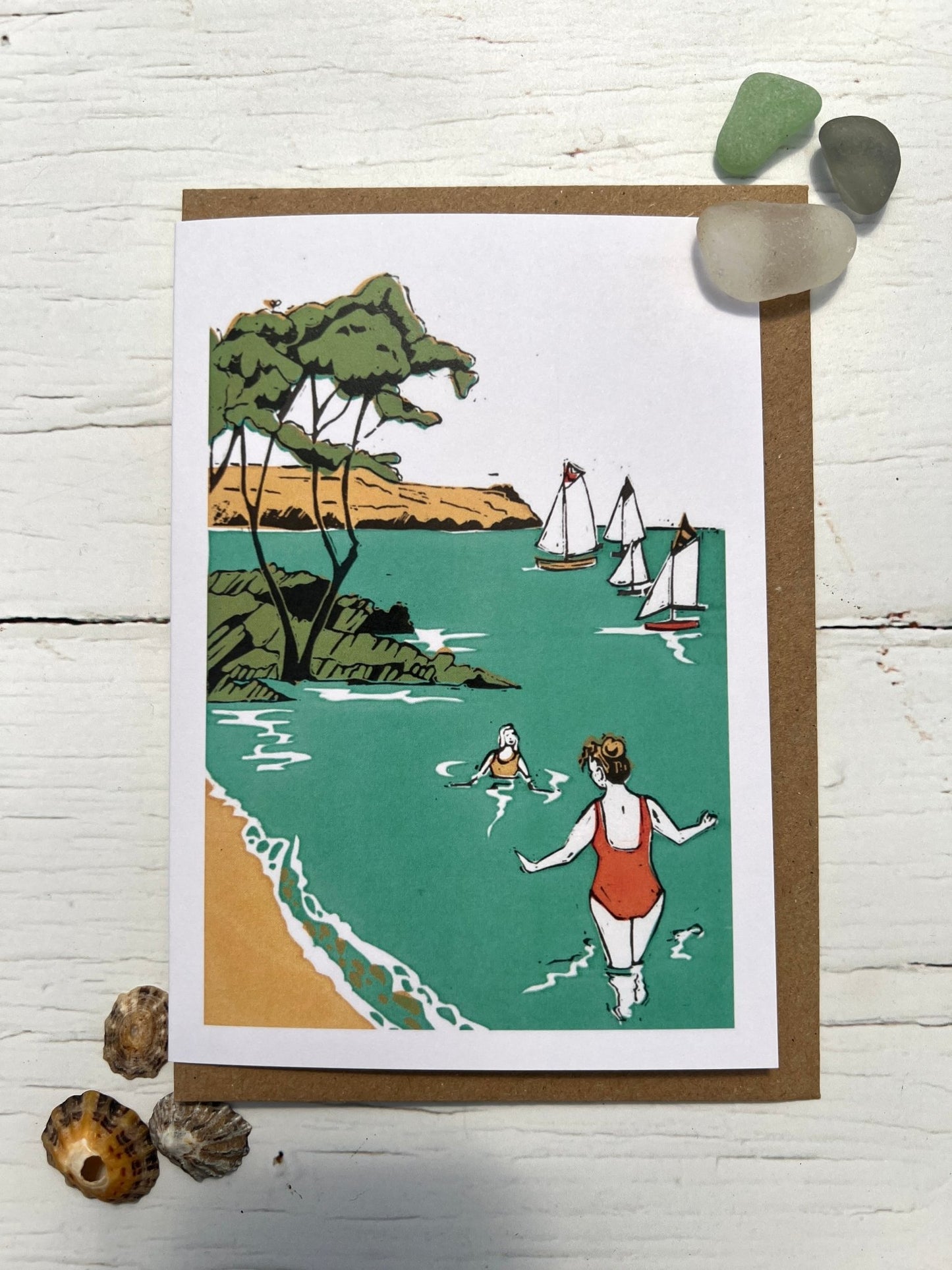 swimmers & sailboats greetings card—vintage-style seaside illustration, perfect for coastal lovers and summer gifting