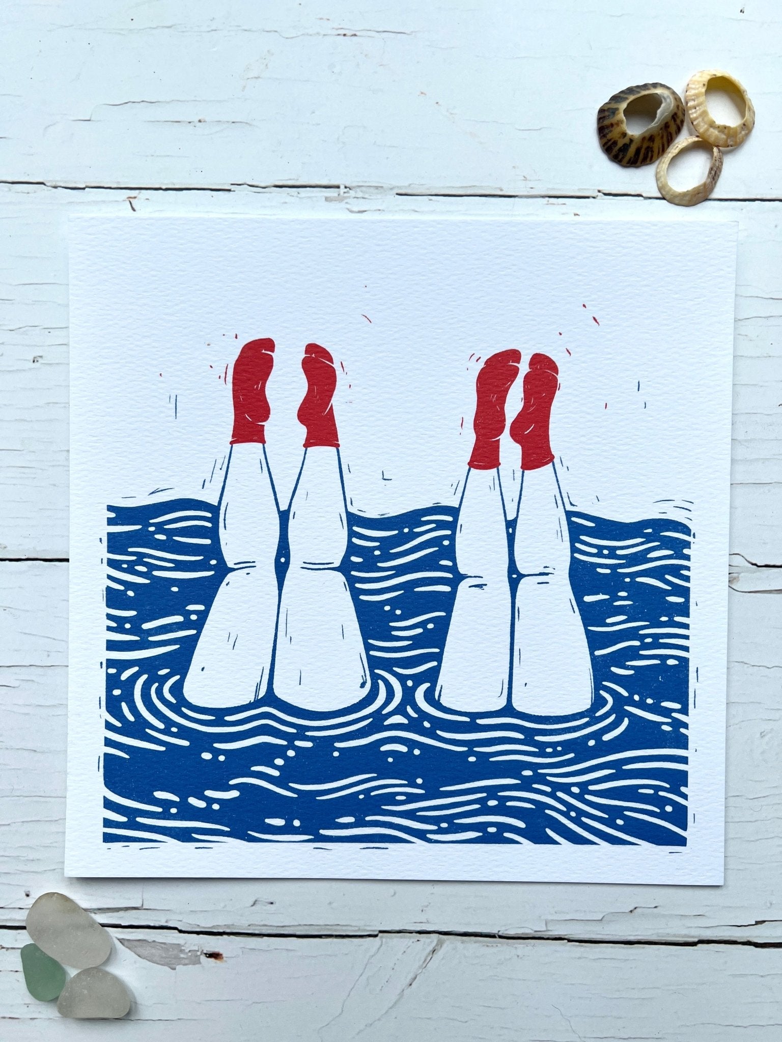 feet-up swimming ladies art print—playful coastal wall decor for wild swimmers and retro beach lovers