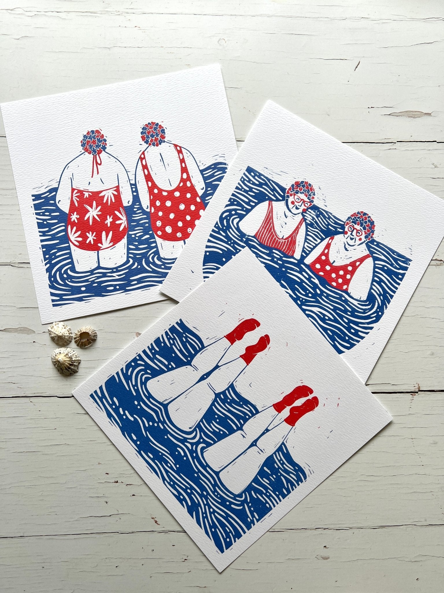 retro-style swimming ladies art prints—coastal-themed wall decor for wild swim lovers and beachy Christmas gifting