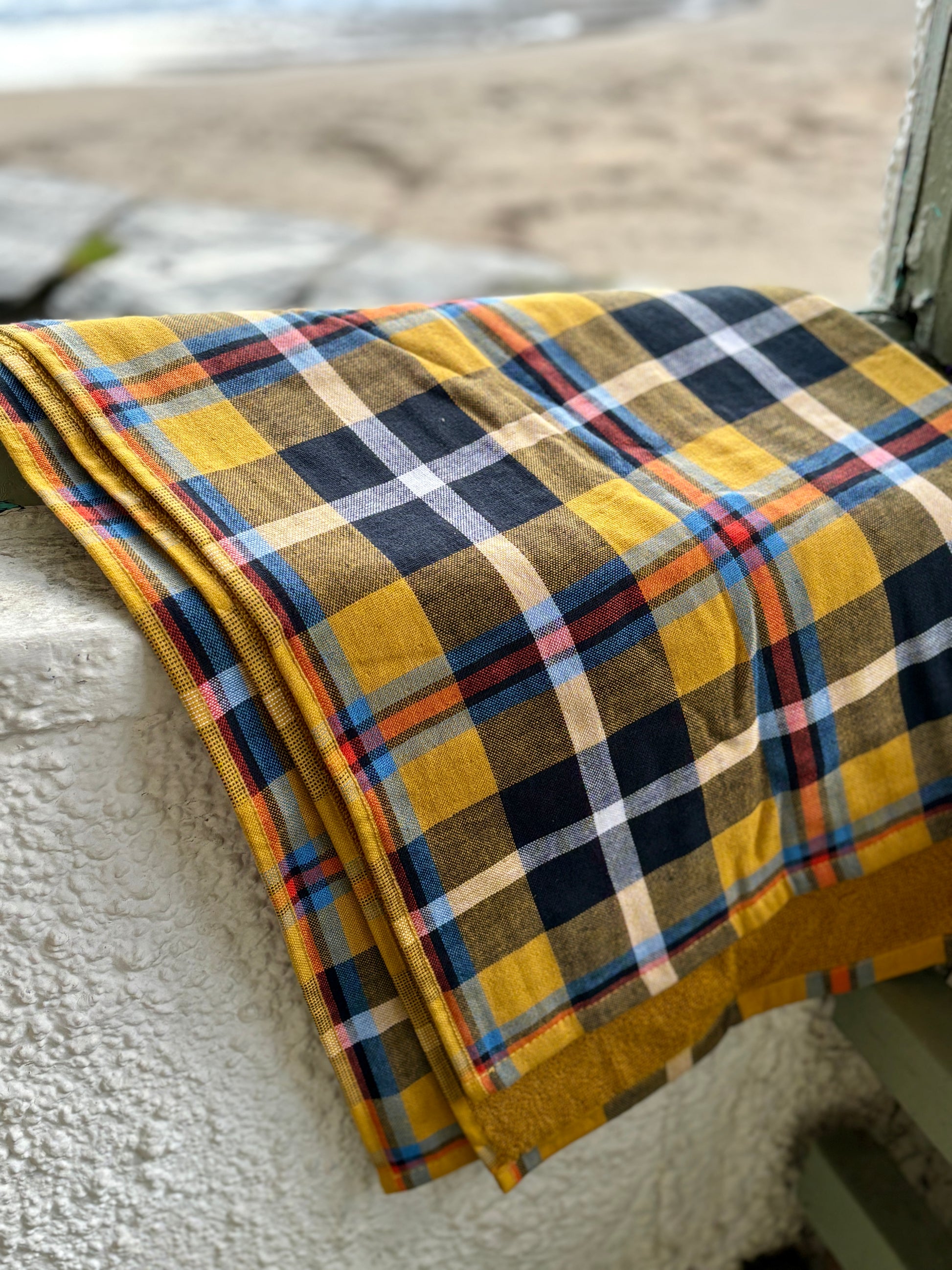 luxury yellow tartan cotton beach towel/blanket soft, oversized throw for beach, picnic, or home decor
