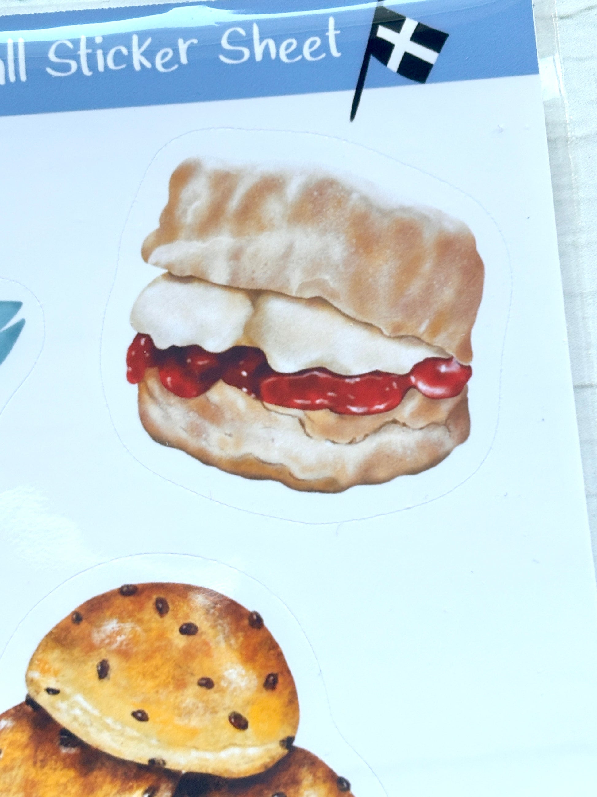 scone sticker with jam and cream, Cornish cream tea illustration, realistic watercolor food art sticker design
