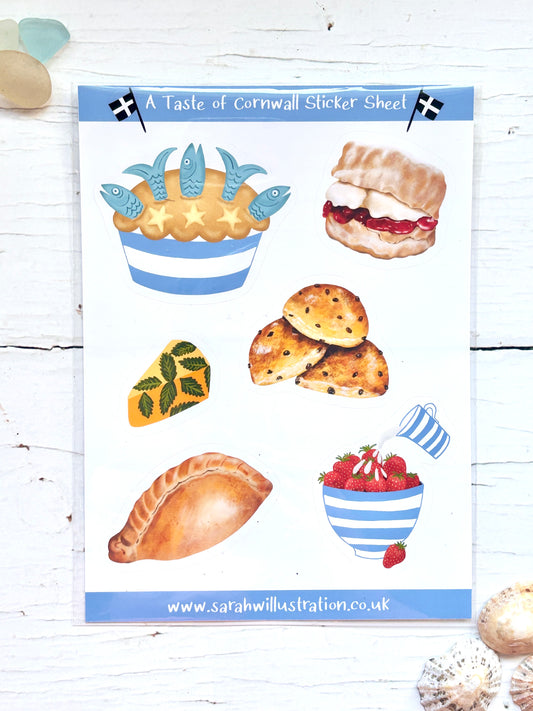 taste of Cornwall sticker sheet featuring Cornish food illustrations pasty, scone, saffron bun, jam and cream