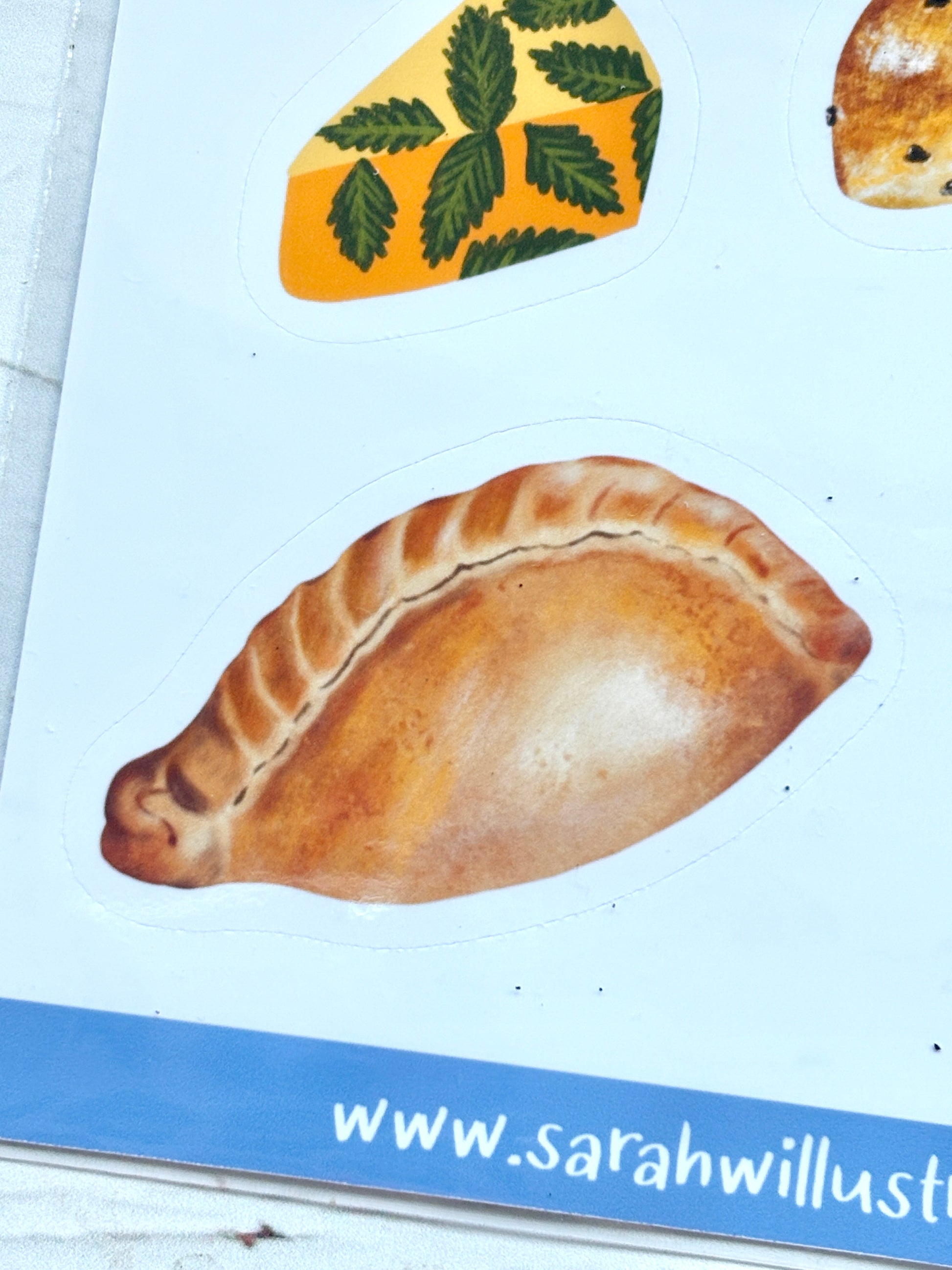 watercolor Cornish pasty sticker with detailed crimped edge, authentic Cornwall food illustration art