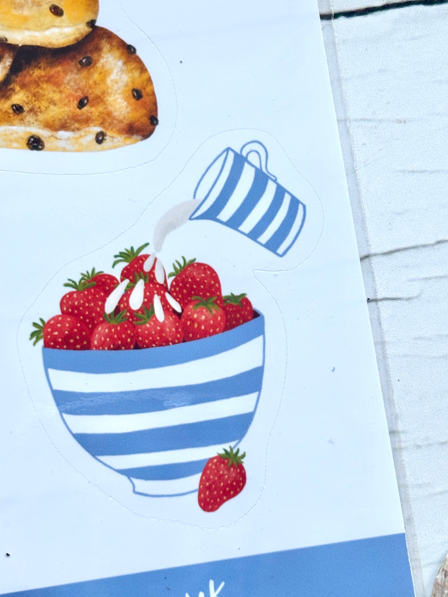 Cornish strawberries sticker in blue white striped bowl with clotted cream, fresh fruit dessert watercolor art